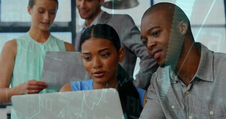 Poster - Financial data processing animation over diverse business team collaborating on laptop