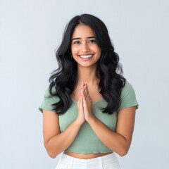 Canvas Print - Young indian woman standing on white background and doing namaste or welcome gesture