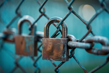 Aufkleber - A detailed view of a chain link fence covered with multiple padlocks, Show how two-factor authentication can prevent unauthorized access to a company's systems