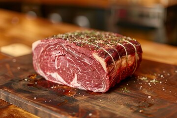 A fresh piece of meat with marbling sits on a wooden cutting board, Show the beauty of a tender beef cut with marbling