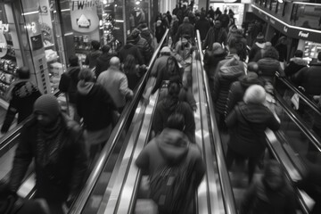 a crowd of people moving down an escalator in a busy shopping mall on black friday, show the contras