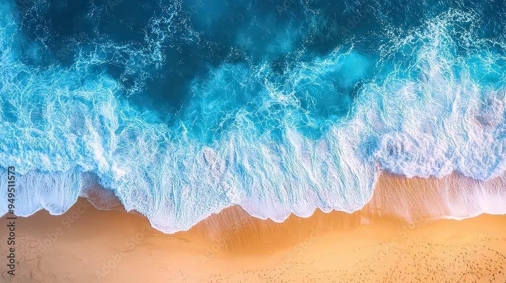 breathtaking aerial view of ocean waves crashing onto a sandy beach ...