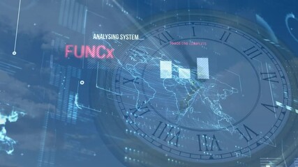 Poster - Analyzing system text animation over world map and clock interface