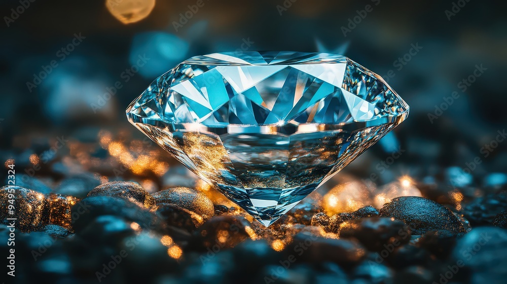 brilliant diamond resting on a dark, textured surface, reflecting cool ...
