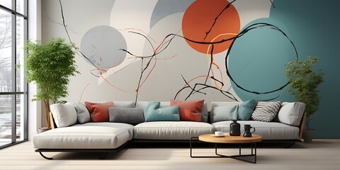 Mural with colorful circles in and beige on the wall of an elegant living room with a sofa. Minimalist style. The background is white and has two small side tables near it.