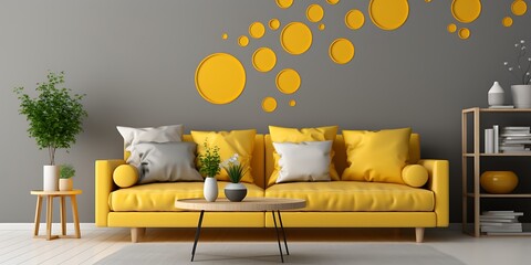 Mural with colorful circles in and beige on the wall of an elegant living room with a sofa. Minimalist style. The background is white and has two small side tables near it.