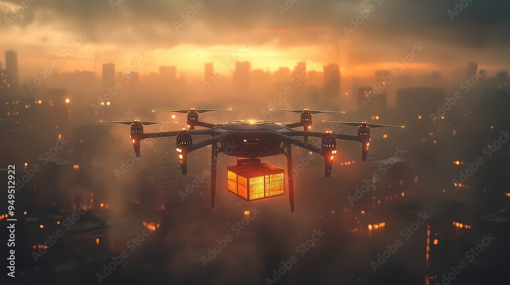 drone with a glowing package flies over a foggy city at sunset ...