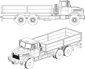 Wall Mural - Vector illustration silhouette design of detailed construction truck trailer transport vehicle with open container body for material delivery.