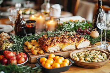 Wall Mural - Friends and family gathering for festive Thanksgiving dinner, Thanksgiving Celebration with blurred background