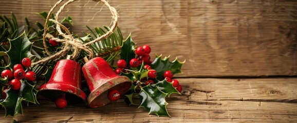 Wall Mural - Christmas bells and holly on a wooden background, perfect for holiday messages.