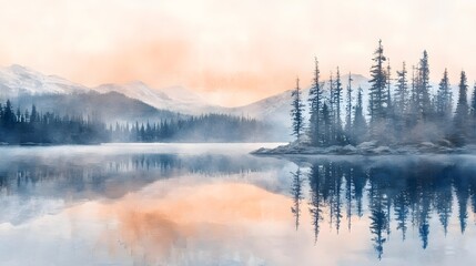 Wall Mural - Dawn mist at mountain lake with pine trees soft pastel tones and watercolor style