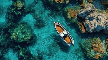  small boat floats over vibrant coral reefs in crystal-clear blue waters, offering an idyllic and serene tropical escape