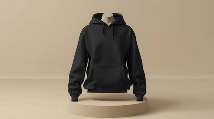 mockup 3d black plain hoodie with mannequin placed on podium isolated neutral background