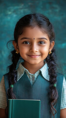 Wall Mural - cute indian little girl in school uniform holding books and smiling