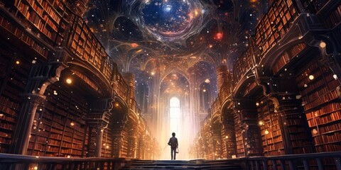 Person standing in a grand library with a celestial sky view. Background image of boy standing surrounded with observatory with dark blue starry sky and star. Dreamlike and inspirational scene. AIG51.