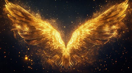 Wall Mural - radiant golden wings glowing with intense light and surrounded by sparkling particles, creating a di