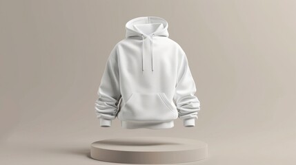 mockup 3d white plain hoodie with mannequin placed on podium, isolated neutral background