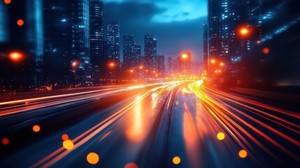  High-speed motion blur of city lights and traffic at night, capturing the dynamic energy and fast pace of urban life in a vibrant cityscape.