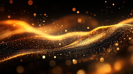  Golden wave of particles flowing against a dark background, creating a dynamic and mesmerizing visual effect with sparkling lights.