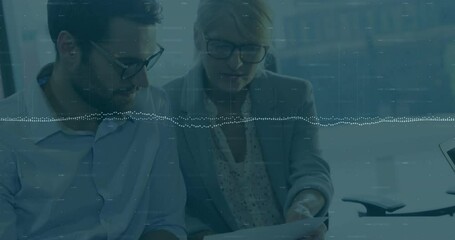 Poster - Business colleagues reviewing documents with data processing animation over them
