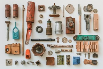 Poster - Various tools neatly placed on a white background surface, showcasing different shapes and functions, Show the transformation of discarded materials into new, functional objects