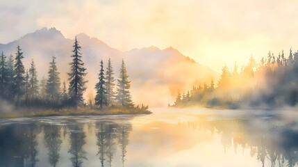 Canvas Print - Serene dawn mist rising over lake with pine trees watercolor landscape