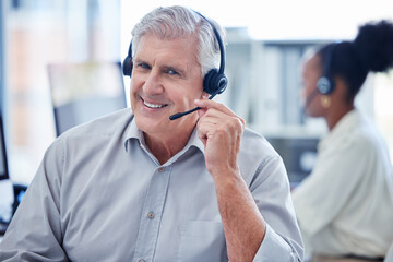 Poster - Call center, mature man and portrait with headset for customer service, technical support and contact us. Telemarketing, happy agent or operator with microphone for CRM consulting and FAQ assistance