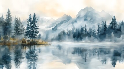 Canvas Print - Watercolor misty dawn at mountain lake pine trees surrounding