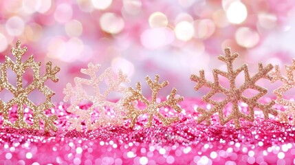 Wall Mural - Cheerful pink Christmas background with glittering gold sequins and delicate snowflakes, perfect for a festive and fun design.