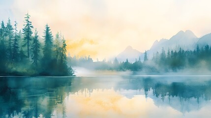 Poster - Serene lake at sunrise with mist and pine forest watercolor soft pastel tones