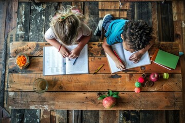 Poster - Two siblings sitting at a table with books and pencils, helping each other with homework, Siblings helping each other with homework at a wooden table