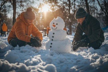 Canvas Print - Family Making Snowman At Sunny Morning