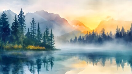 Wall Mural - Mountain lake at sunrise with mist rising and pine trees soft watercolor