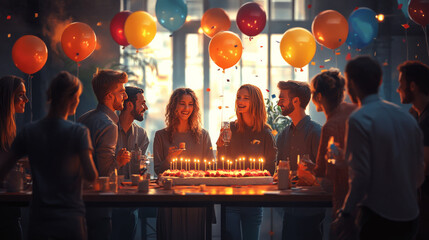 Wall Mural - Office Birthday Party - Colleagues celebrating a birthday together in the office.