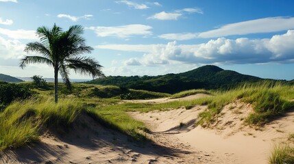 Wall Mural - Scenic Beach Landscape Featuring Golden Sand, Gentle Waves, and a Clear Horizon. 