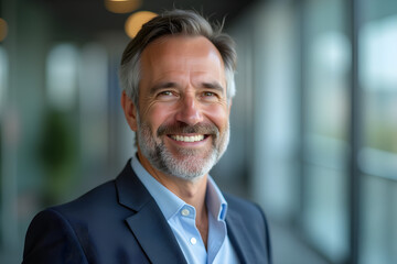 Wall Mural - portrait of successful businessman consultant looking at camera and smiling inside modern office building