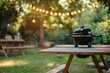 © Dzikrul Husnani - summer time party in backyard garden with grill BBQ, wooden table, blurred background , ai