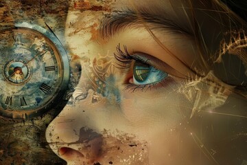 Poster - Close up of a womans face with a clock in the background, capturing the concept of time passing, Silent witness to the passage of time