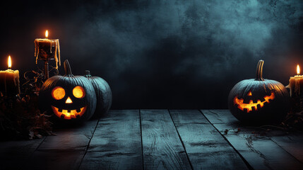 Two carved pumpkins with candles inside light up a dark wooden table, set against a smoky black background, enhancing the eerie Halloween ambiance.