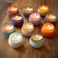 Wall Mural - Colorful candles burning on a wooden surface.