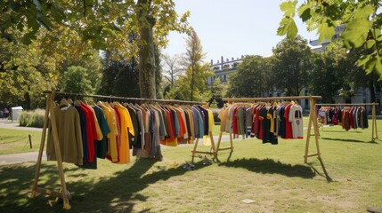 Wall Mural - Colorful clothing hanging on wooden racks in a park setting.