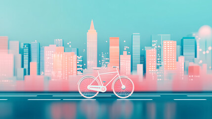 Poster - A vibrant city skyline with a bicycle in the foreground, showcasing urban lifestyle and transportation in a modern setting.