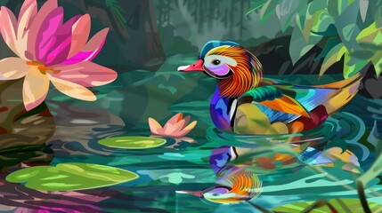 Sticker - Colorful duck swimming in a pond with lily pads and flowers.