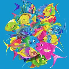 Sticker - Colorful fish illustration on blue background.