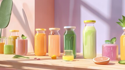 Wall Mural - Colorful fruit smoothies in glass bottles on wooden surface with tropical leaves and half grapefruit.