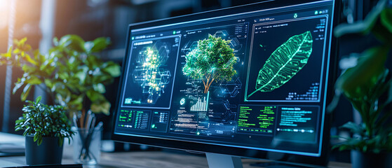 Poster - modern workspace showcasing digital plant analysis on a computer screen. perfect for technology and 