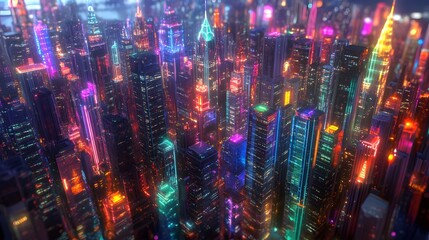 Wall Mural - Futuristic Cityscape with Neon Lights and Glass Skyscrapers