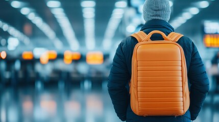 A traveler stands in an airport, wearing a stylish orange backpack, ready for adventure with destinations ahead.