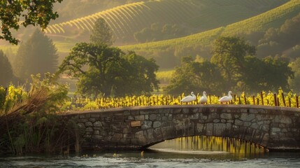 Poster - A bridge over a river with three birds on it