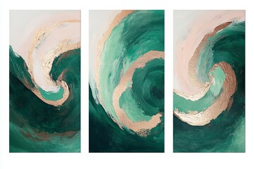 Wall Mural - Three paintings of a wave with gold accents